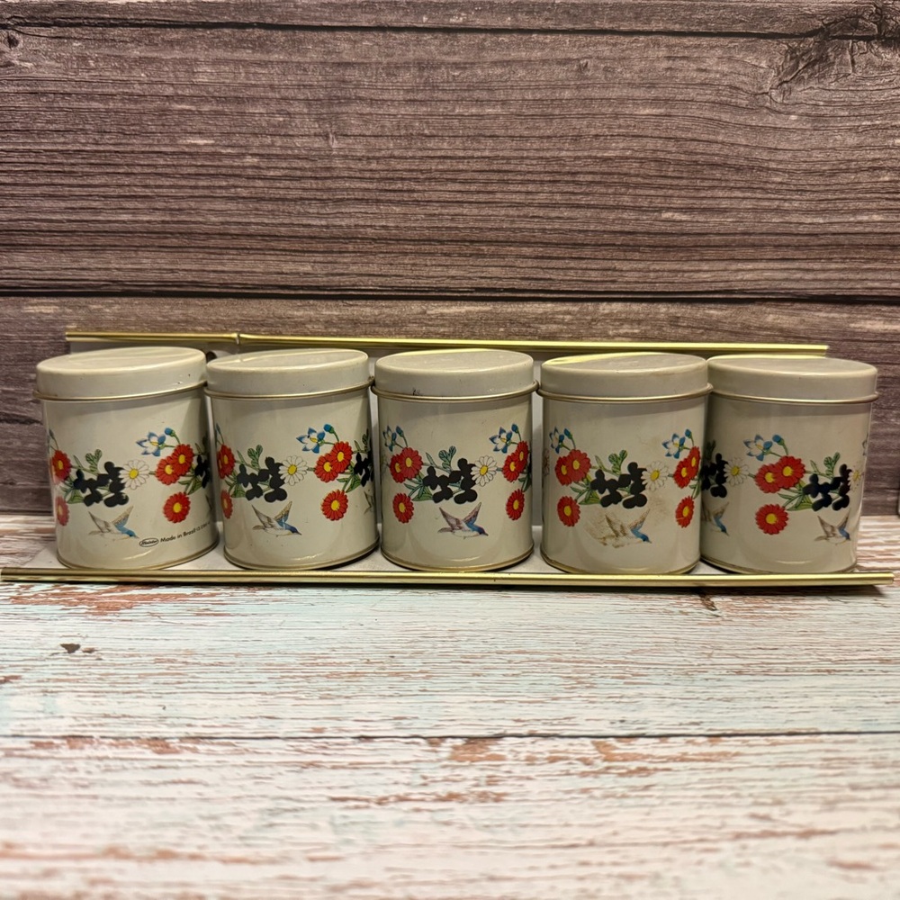 Vintage metal spice canisters on a shelf Meister Made in Brazil flowers bird